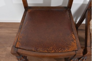 イギリスアンティーク　オーク材　存在感のある彫刻装飾とバルボスレッグが素敵なダイニングチェア4脚セット　(R-085866)