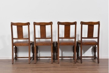 イギリスアンティーク　オーク材　存在感のある彫刻装飾とバルボスレッグが素敵なダイニングチェア4脚セット　(R-085866)