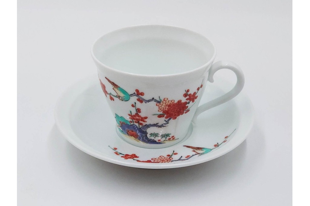 十四代 酒井田柿右衛門　染錦　梅鳥文の珈琲碗2客セット　共箱付き　(R-085871)