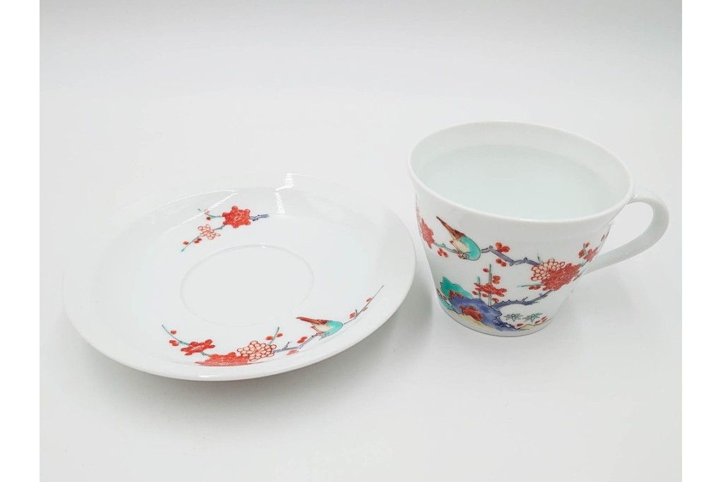 十四代 酒井田柿右衛門　染錦　梅鳥文の珈琲碗2客セット　共箱付き　(R-085871)