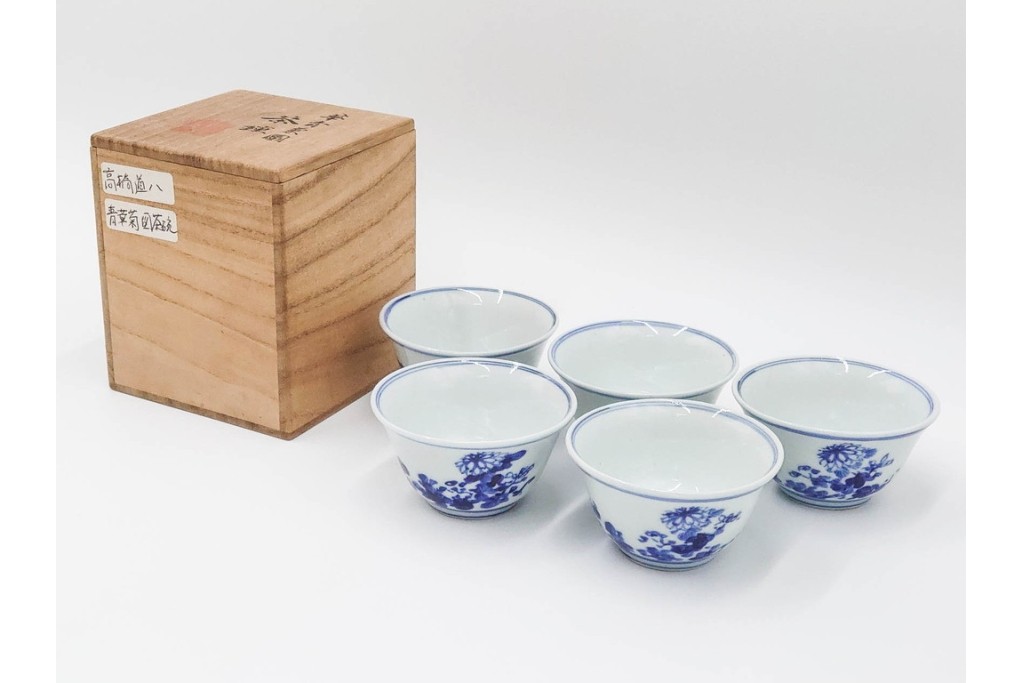 六代 高橋道八(華中亭道八)製　京焼　華青菊図・漢詩の意匠が趣深い茶鍾5客セット　共箱付き　(R-085878)