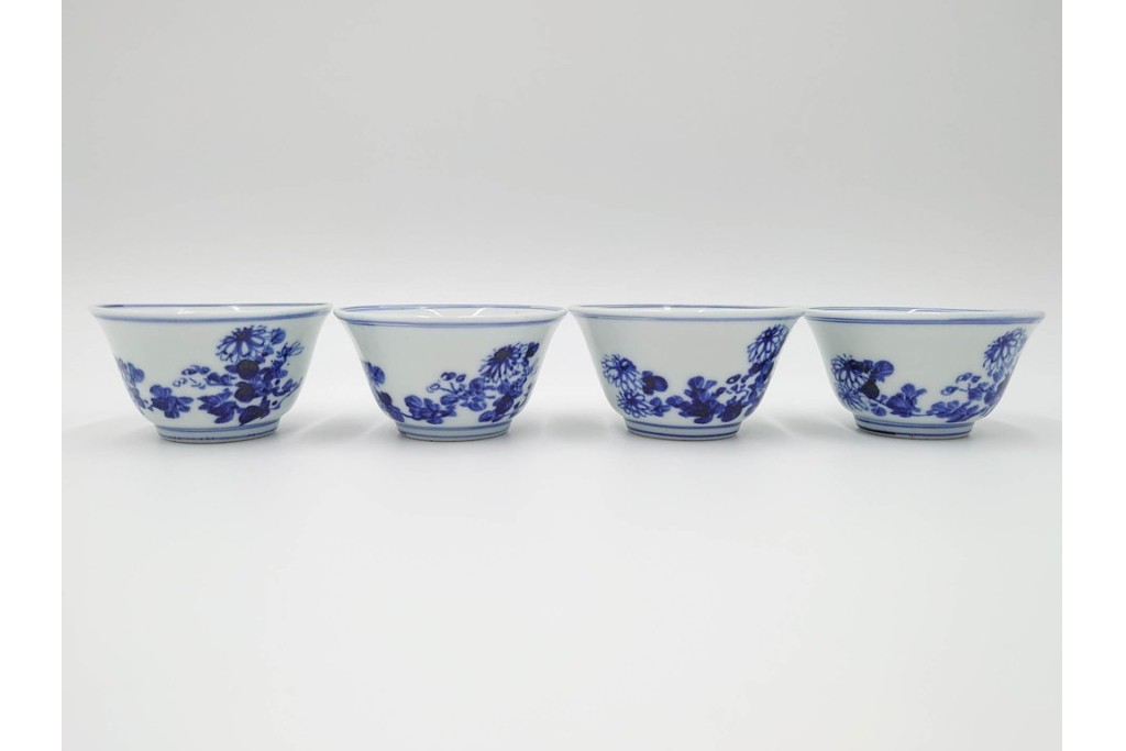 六代 高橋道八(華中亭道八)製　京焼　華青菊図・漢詩の意匠が趣深い茶鍾5客セット　共箱付き　(R-085878)