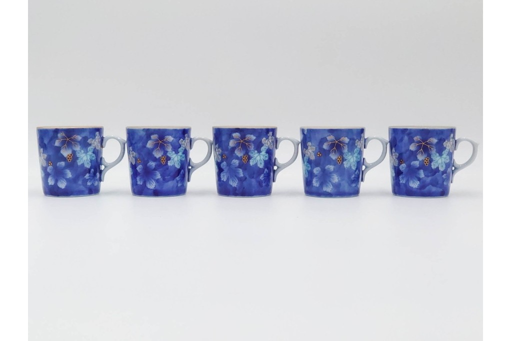 宮内庁御用達　深川製磁　瑠璃葡萄が優美な有田焼のコーヒーカップ&ソーサー6客セット　共箱付き　(R-085879)