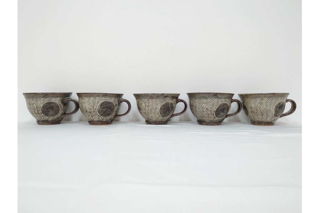 人間国宝 島岡達三　象嵌の意匠が味わい深いコーヒーセット　共箱付き　(R-085884)