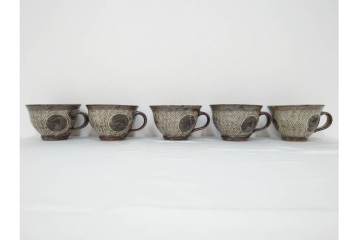 人間国宝 島岡達三　象嵌の意匠が味わい深いコーヒーセット　共箱付き　(R-085884)