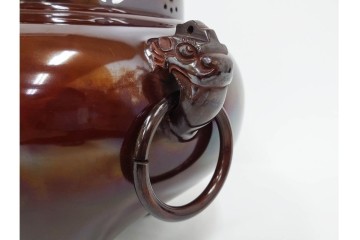 釜師 十二代 和田美之助　透かし文様が涼しげな丸釜添の唐銅鬼面風炉　共箱付き　(R-085892)