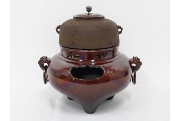 釜師 十二代 和田美之助　透かし文様が涼しげな丸釜添の唐銅鬼面風炉　共箱付き　(R-085892)