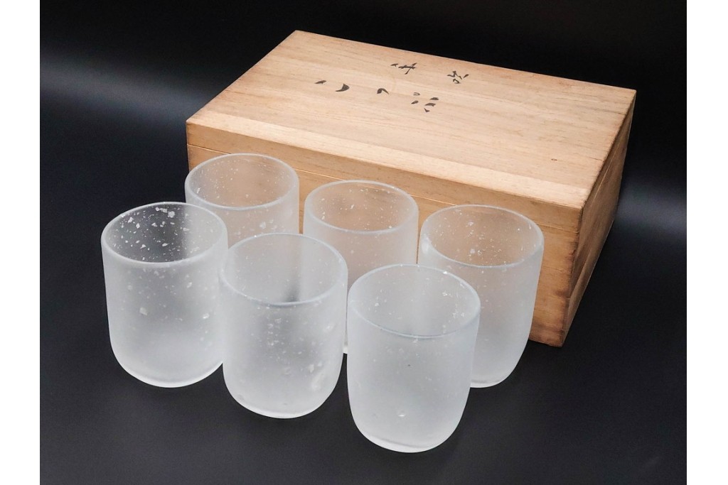 ガラス工芸家 藤田喬平　霧氷のような表情が美しい手吹のコップ6客セット　共箱付き　(R-085898)
