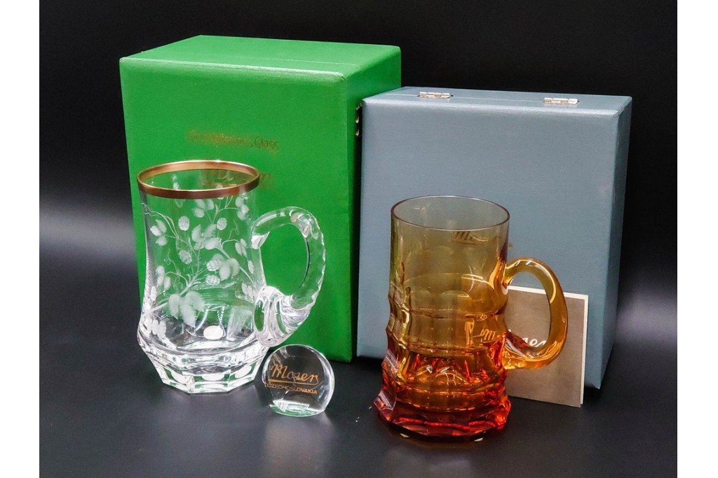 チェコスロバキア/チェコ　Moser(モーゼル)　キリンビアマグコレクション　コレクターズグラス　カットデザインが美しいビアマグ2客セット　外箱・ネーム付き　(R-085901)
