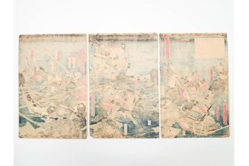 真作　恵斎芳幾(落合芳幾)　「源平八島大合戦」　勇壮な合戦図を描いた木版画の浮世絵　3枚続　(R-085905)