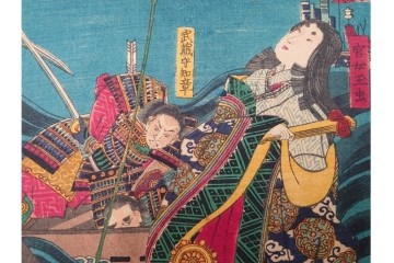真作　恵斎芳幾(落合芳幾)　「源平八島大合戦」　勇壮な合戦図を描いた木版画の浮世絵　3枚続　(R-085905)