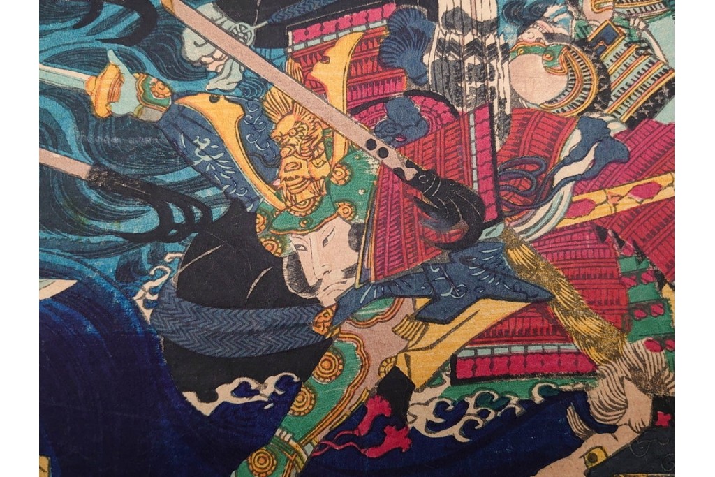 真作　恵斎芳幾(落合芳幾)　「源平八島大合戦」　勇壮な合戦図を描いた木版画の浮世絵　3枚続　(R-085905)