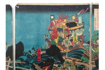真作　恵斎芳幾(落合芳幾)　「源平八島大合戦」　勇壮な合戦図を描いた木版画の浮世絵　3枚続　(R-085905)