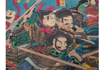 真作　恵斎芳幾(落合芳幾)　「源平八島大合戦」　勇壮な合戦図を描いた木版画の浮世絵　3枚続　(R-085905)