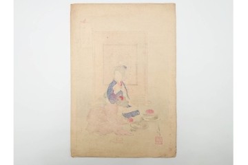 真作　尾形月耕　「婦人風俗尽 盆石」　盆石を愛でる情景を描いた木版画　(R-085906)