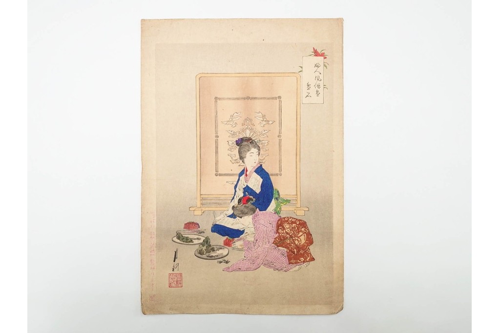 真作　尾形月耕　「婦人風俗尽 盆石」　盆石を愛でる情景を描いた木版画　(R-085906)