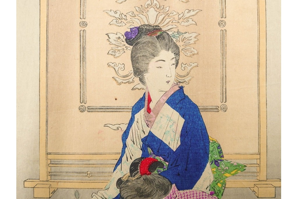 真作　尾形月耕　「婦人風俗尽 盆石」　盆石を愛でる情景を描いた木版画　(R-085906)