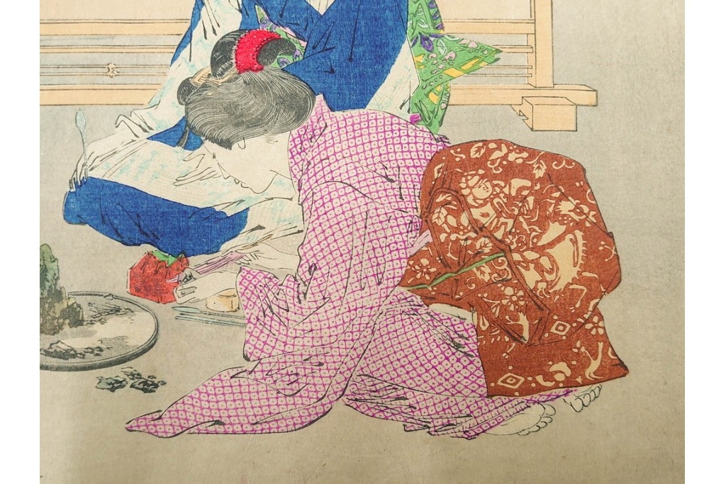 真作　尾形月耕　「婦人風俗尽 盆石」　盆石を愛でる情景を描いた木版画　(R-085906)