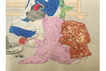 真作　尾形月耕　「婦人風俗尽 盆石」　盆石を愛でる情景を描いた木版画　(R-085906)