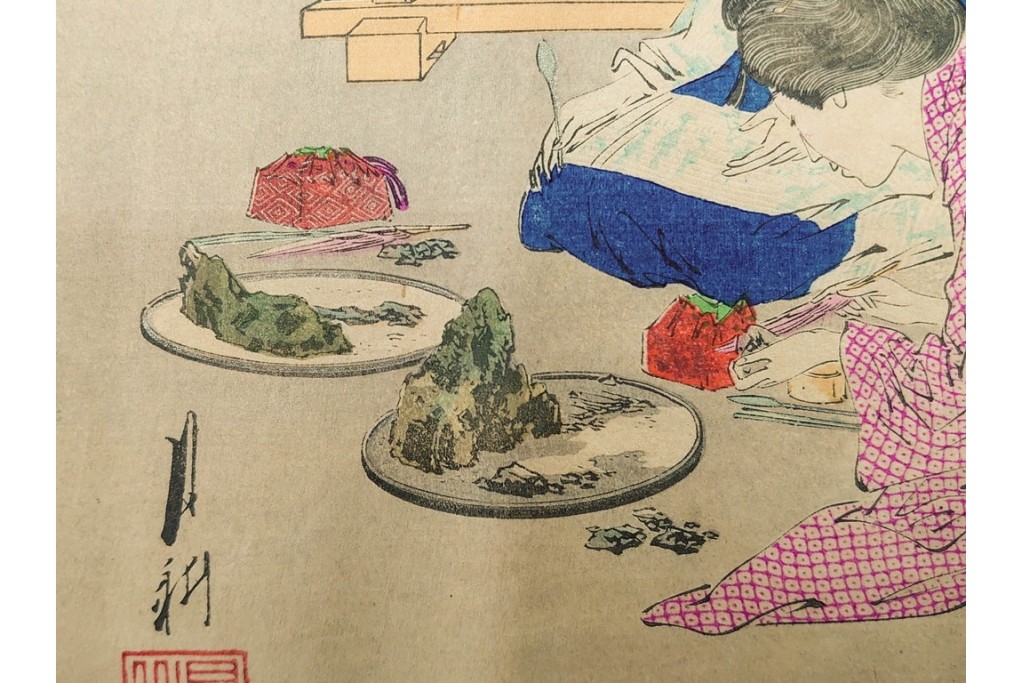 真作　尾形月耕　「婦人風俗尽 盆石」　盆石を愛でる情景を描いた木版画　(R-085906)