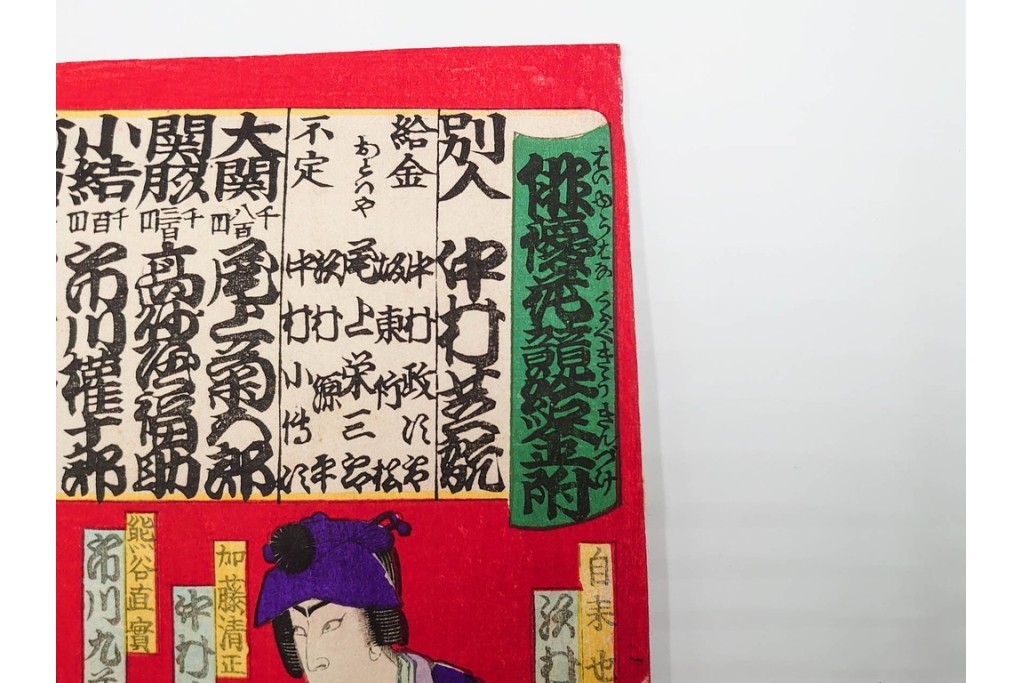 真作　明治期　豊原国周門人 周光筆　「俳優花競給金附」　役者を描いた木版画の浮世絵　3枚続　(R-085907)