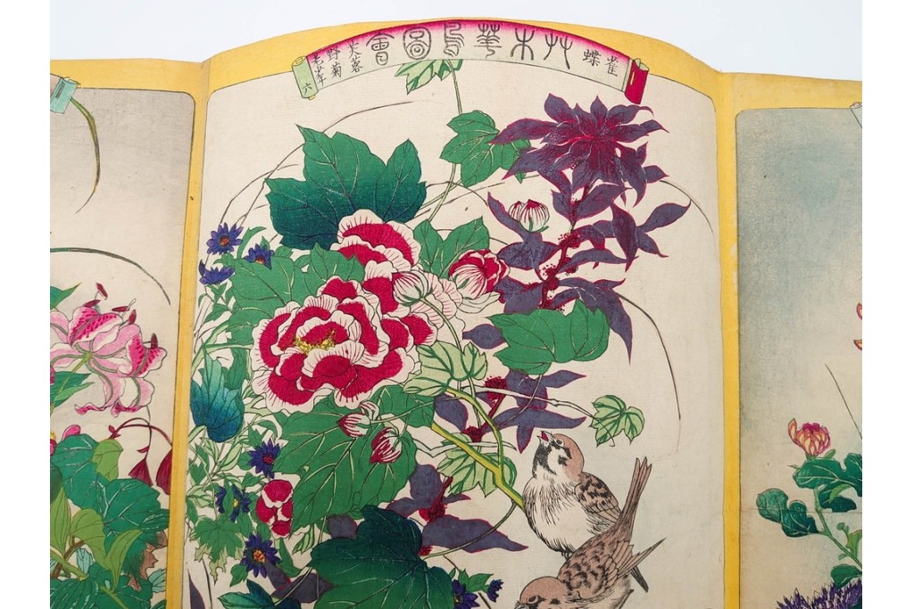 真作　暁山　「草木華鳥図会」　孔雀に雀・蝶など多彩な鳥虫草木花を描いた木版画6枚セット　(R-085908)