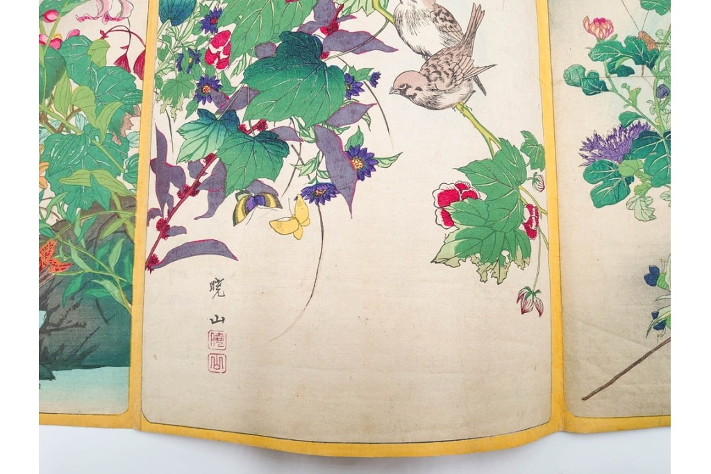 真作　暁山　「草木華鳥図会」　孔雀に雀・蝶など多彩な鳥虫草木花を描いた木版画6枚セット　(R-085908)