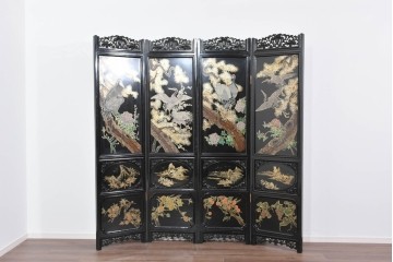 アジアンヴィンテージ　中国　オリエンタル　花鳥・山水の図柄が美しい衝立　(R-085914)