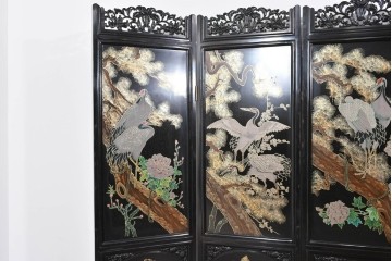 アジアンヴィンテージ　中国　オリエンタル　花鳥・山水の図柄が美しい衝立　(R-085914)