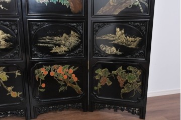 アジアンヴィンテージ　中国　オリエンタル　花鳥・山水の図柄が美しい衝立　(R-085914)