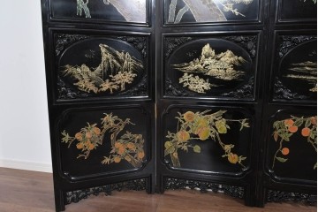 アジアンヴィンテージ　中国　オリエンタル　花鳥・山水の図柄が美しい衝立　(R-085914)