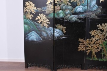 アジアンヴィンテージ　中国　オリエンタル　花鳥・山水の図柄が美しい衝立　(R-085914)