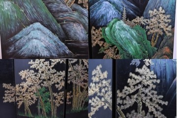 アジアンヴィンテージ　中国　オリエンタル　花鳥・山水の図柄が美しい衝立　(R-085914)