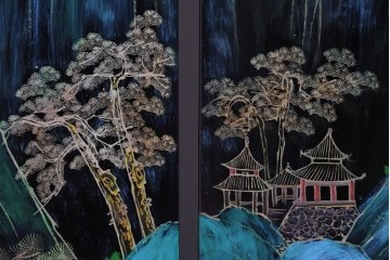 アジアンヴィンテージ　中国　オリエンタル　花鳥・山水の図柄が美しい衝立　(R-085914)