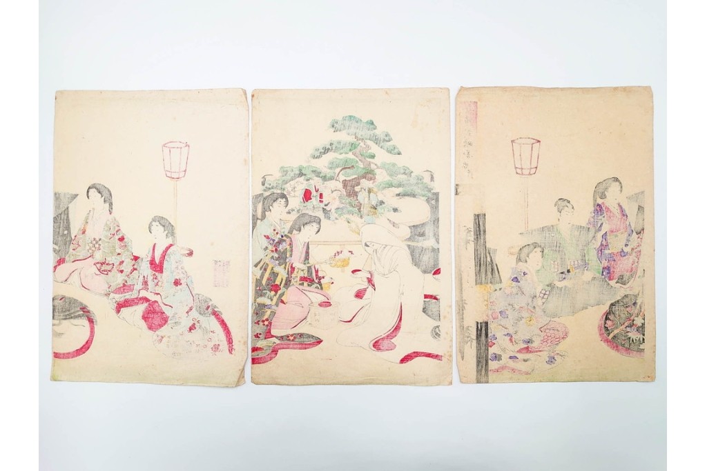 真作　明治期　楊洲周廷　「女礼式略図 婚礼」　当時の女性の礼装や作法を伝える木版画　3枚続　(R-085940)