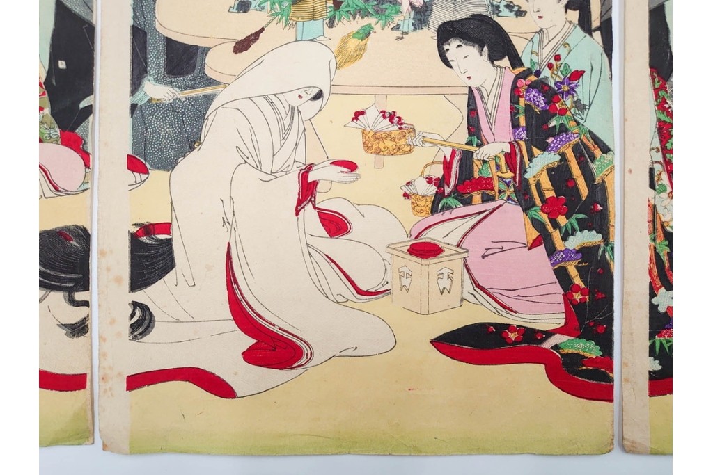 真作　明治期　楊洲周廷　「女礼式略図 婚礼」　当時の女性の礼装や作法を伝える木版画　3枚続　(R-085940)