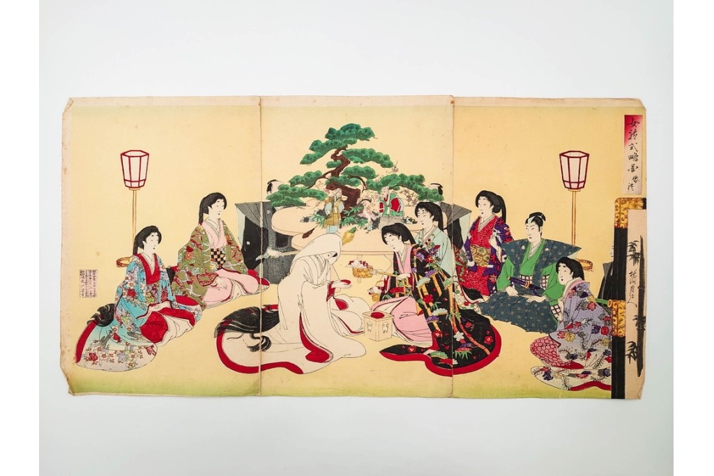 真作　明治期　楊洲周廷　「女礼式略図 婚礼」　当時の女性の礼装や作法を伝える木版画　3枚続　(R-085940)