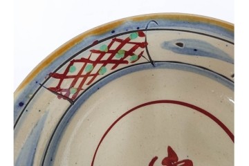 沖縄 壺屋焼　新垣栄三郎・新垣勉　赤絵と魚文が目を引く片口と鉢2点のセット　(R-085942)