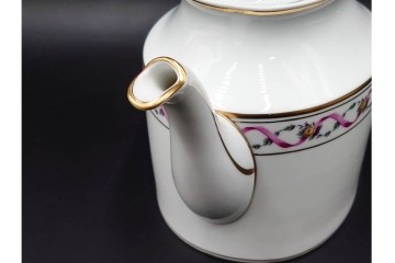 イタリア製　Richard Ginori(リチャードジノリ)　インペロジュリエッタ　ピンクリボンと花模様が優雅なティーポット・クリーマー・シュガーポット・トレーのセット　(R-085959)