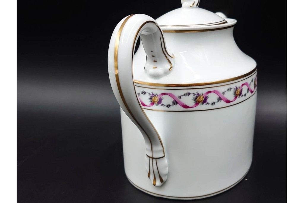 イタリア製　Richard Ginori(リチャードジノリ)　インペロジュリエッタ　ピンクリボンと花模様が優雅なティーポット・クリーマー・シュガーポット・トレーのセット　(R-085959)