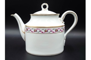 イタリア製　Richard Ginori(リチャードジノリ)　インペロジュリエッタ　ピンクリボンと花模様が優雅なティーポット・クリーマー・シュガーポット・トレーのセット　(R-085959)