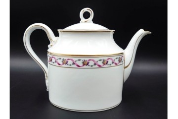 イタリア製　Richard Ginori(リチャードジノリ)　インペロジュリエッタ　ピンクリボンと花模様が優雅なティーポット・クリーマー・シュガーポット・トレーのセット　(R-085959)