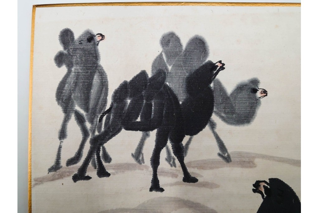 真作　中国　サイン付き　范有信(範有信)　色紙に描かれた水墨画の駱駝図2点セット　(R-085962)