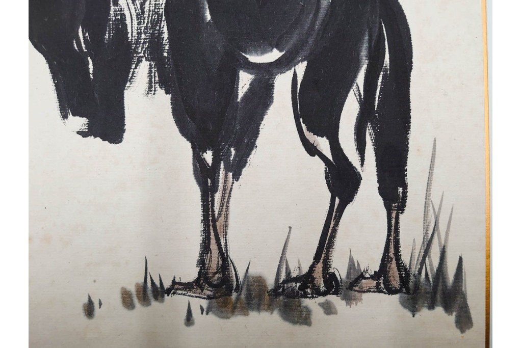 真作　中国　サイン付き　范有信(範有信)　色紙に描かれた水墨画の駱駝図2点セット　(R-085962)