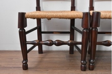 中古　松本民芸家具　ラッシ座面　波打つ背板が特徴の#22型ラダーバックチェア4脚セット　定価(4脚合計)約64万円　(R-085986)