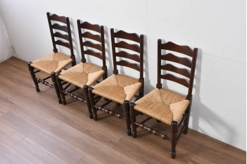 中古　松本民芸家具　ラッシ座面　波打つ背板が特徴の#22型ラダーバックチェア4脚セット　定価(4脚合計)約64万円　(R-085986)