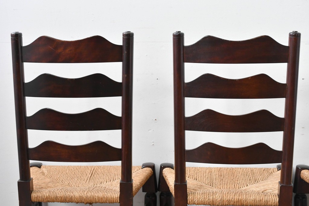 中古　松本民芸家具　ラッシ座面　波打つ背板が特徴の#22型ラダーバックチェア4脚セット　定価(4脚合計)約64万円　(R-085986)