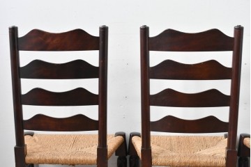 中古　松本民芸家具　ラッシ座面　波打つ背板が特徴の#22型ラダーバックチェア4脚セット　定価(4脚合計)約64万円　(R-085986)