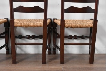 中古　松本民芸家具　ラッシ座面　波打つ背板が特徴の#22型ラダーバックチェア4脚セット　定価(4脚合計)約64万円　(R-085986)