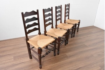 中古　松本民芸家具　ラッシ座面　波打つ背板が特徴の#22型ラダーバックチェア4脚セット　定価(4脚合計)約64万円　(R-085986)